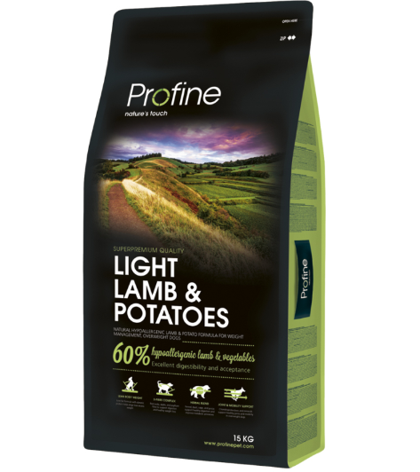 Framsidan av förpackningen för Profine Dog Light Lamb & Potatoes - 15 kg.