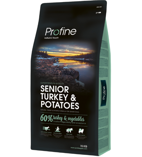 Framsidan av förpackningen för Profine Dog Senior Turkey & Potatoes - 15 kg.