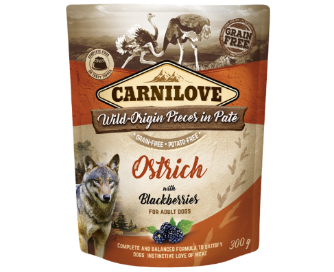 Framsidan av förpackningen för Carnilove Dog Pouch Paté Ostrich with Blackberries - 300 gram.