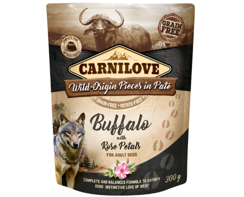 Framsidan av förpackningen för Carnilove Dog Pouch Paté Buffalo with Rose Petals - 300 gram.