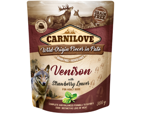 Framsidan av förpackningen för Carnilove Dog Pouch Paté Venison with Strawberry Leaves - 300 gram.