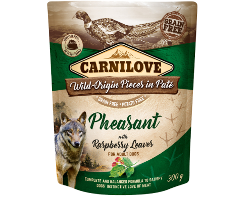 Framsidan av förpackningen för Carnilove Dog Pouch Paté Pheasant with Raspberry Leaves - 300 gram.