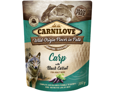 Framsidan av förpackningen för Carnilove Dog Pouch Paté Carp with Black Carrot - 300 gram.