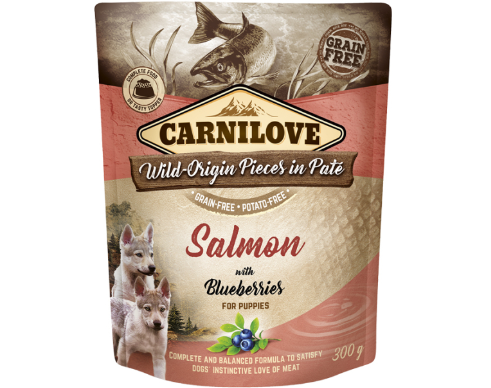 Framsidan av förpackningen för Carnilove Dog Pouch Paté Salmon with Blueberries Puppy - 300 gram.