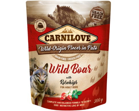 Framsidan av förpackningen för Carnilove Dog Pouch Paté Wild Boar with Rosehips - 300 gram.