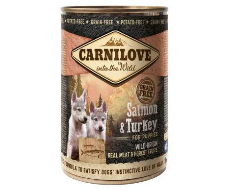 Framsidan av förpackningen för Carnilove Dog Wild Meat Salmon & Turkey Puppy - 400 gram.
