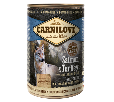 Framsidan av förpackningen för Carnilove Dog Wild Meat Salmon & Turkey - 400 gram.