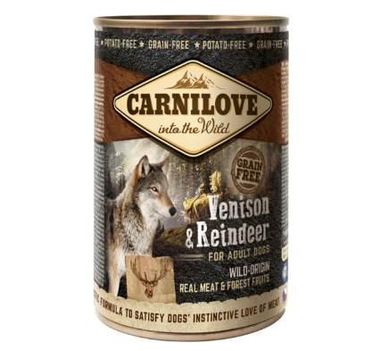 Framsidan av förpackningen för Carnilove Dog Wild Meat Venison & Reindeer - 400 gram.