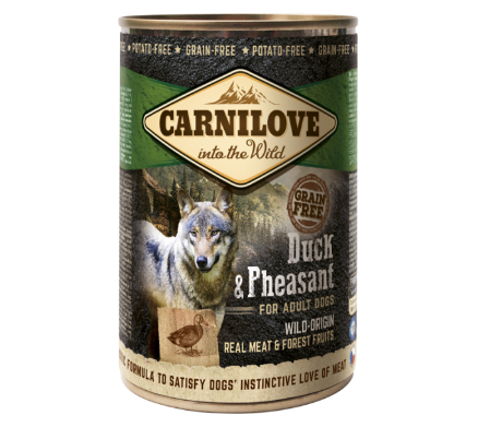 Framsidan av förpackningen för Carnilove Dog Wild Meat Duck & Pheasant - 400 gram.