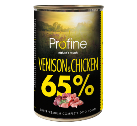 Framsidan av förpackningen för Profine Dog 65% Venison & Chicken - 400 gram.