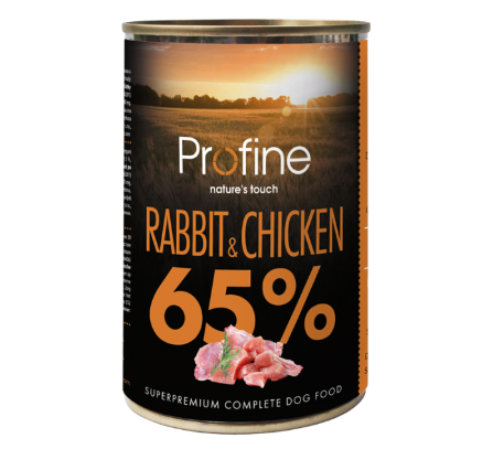 Framsidan av förpackningen för Profine Dog 65% Rabbit & Chicken - 400 gram.