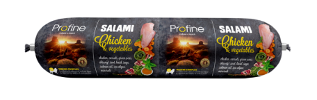 Framsidan av förpackningen för Profine Dog Salami Chicken with Vegetables - 800 gram.