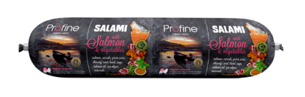 Framsidan av förpackningen för Profine Dog Salami with Salmon & Vegetables - 800 gram.