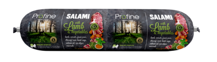 Framsidan av förpackningen för Profine Dog Salami with Lamb & Vegetables - 800 gram.