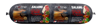 Framsidan av förpackningen för Profine Dog Salami with Duck & Vegetables - 800 gram.
