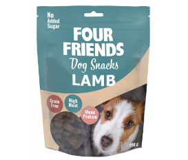 Framsidan av förpackningen för FourFriends Dog Snacks Lamb - 200 gram.