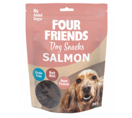 Framsidan av förpackningen för FourFriends Dog Snacks Salmon - 200 gram.