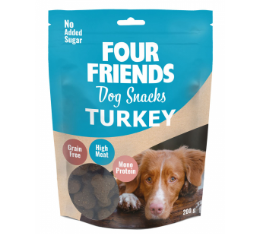 Framsidan av förpackningen för FourFriends Dog Snacks Turkey - 200 gram.