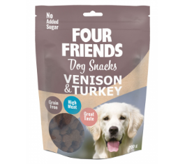 Framsidan av förpackningen för FourFriends Dog Snacks Venison & Turkey - 200 gram.