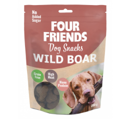 Framsidan av förpackningen för FourFriends Dog Snacks Wild Boar - 200 gram.