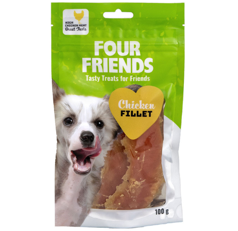 Framsidan av förpackningen för FourFriends Dog Chicken Fillet - 100 gram.