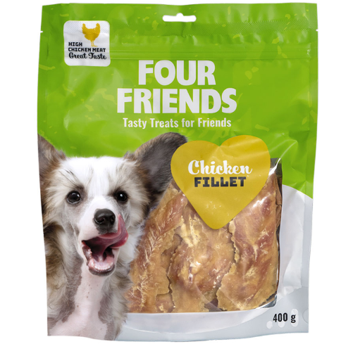 Framsidan av förpackningen för FourFriends Dog Chicken Fillet - 400 gram.