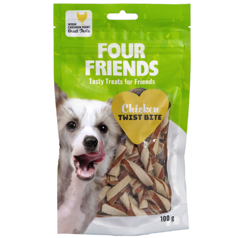 Framsidan av förpackningen för FourFriends Dog Chicken Twist Bite - 100 gram.