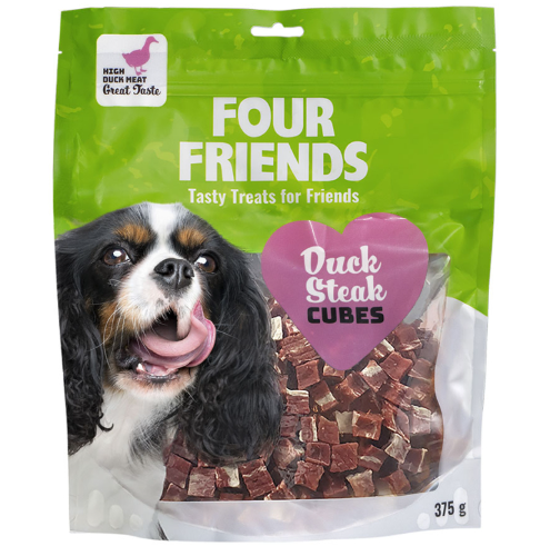 Framsidan av förpackningen för FourFriends Dog Duck Steak Cubes - 375 gram.