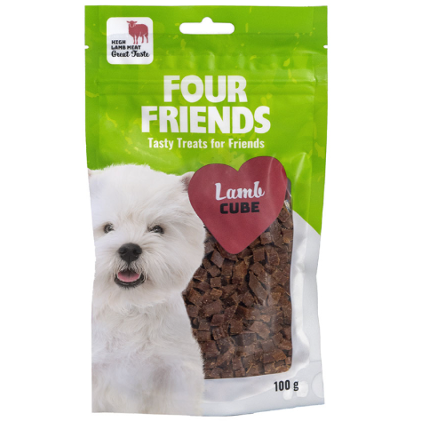 Framsidan av förpackningen för FourFriends Dog Lamb Cube - 100 gram.