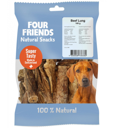 Framsidan av förpackningen för FourFriends Dog Natural Snacks Beef Lung - 100 gram.