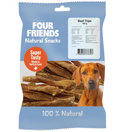 Framsidan av förpackningen för FourFriends Dog Natural Snacks Beef Tripe - 100 gram.