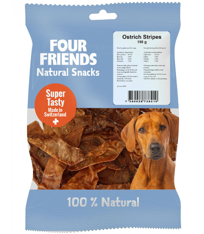 Framsidan av förpackningen för FourFriends Dog Natural Snacks Ostrich Stripes - 150 gram.