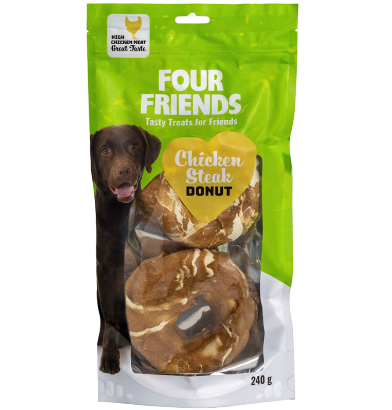Framsidan av förpackningen för FourFriends Dog Chicken Steak Donut 2-pack.
