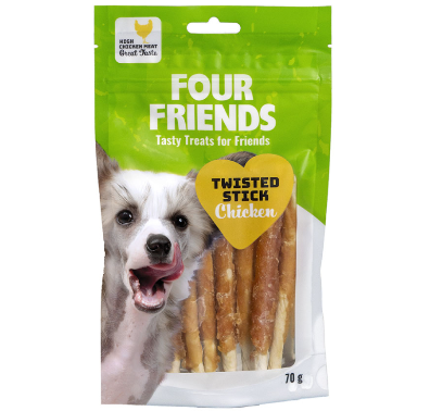 Framsidan av förpackningen för FourFriends Dog Twisted Stick Chicken 12,5 cm - 7 st.
