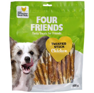 Framsidan av förpackningen för FourFriends Dog Twisted Stick Chicken 12,5 cm - 40 st.