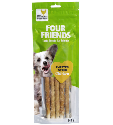 Framsidan av förpackningen för FourFriends Dog Twisted Stick Chicken 25cm - 5 st.