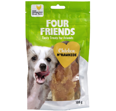 Framsidan av förpackningen för FourFriends Dog Chicken N´Rawhide - 100 gram.