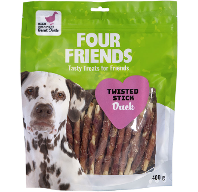 Framsidan av förpackningen för FourFriends Dog Twisted Stick Duck 12,5 cm - 40 st.
