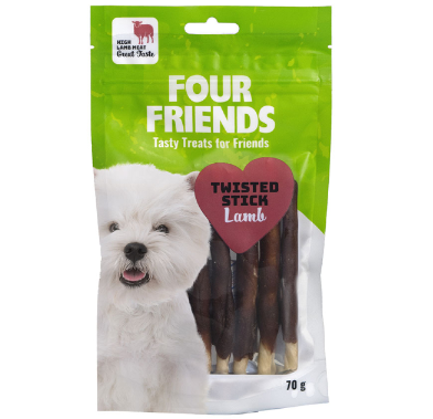 Framsidan av förpackningen för FourFriends Dog Twisted Stick Lamb 12,5 cm - 7 st.