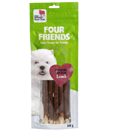 Framsidan av förpackningen för FourFriends Dog Twisted Stick Lamb 25cm - 5 st.