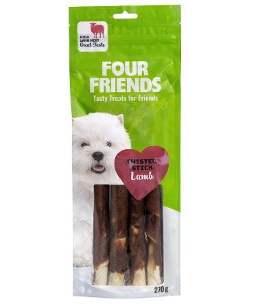 Framsidan av förpackningen för FourFriends Dog Twisted Stick Lamb 25cm - 4 st.