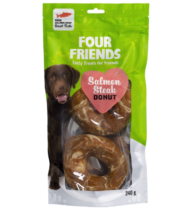 Framsidan av förpackningen för FourFriends Dog Salmon Steak Donut 2-pack.