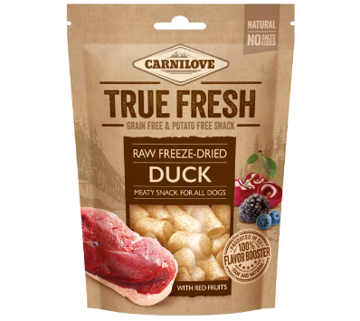 Framsidan av förpackningen för Carnilove Dog Raw freeze-dried duck with red fruit - 400 gram.