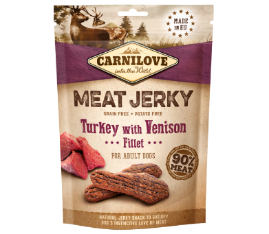 Framsidan av förpackningen för Carnilove Dog Meat Jerky Turkey with Venison Fillet - 100 gram.