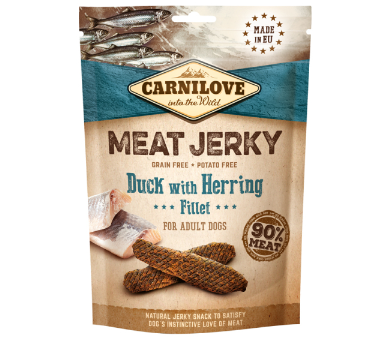 Framsidan av förpackningen för Carnilove Dog Meat Jerky Duck with Herring Fillet - 100 gram.