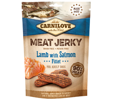 Framsidan av förpackningen för Carnilove Dog Meat Jerky Lamb with Salmon Fillet - 100 gram.