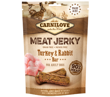 Framsidan av förpackningen för Carnilove Dog Meat Jerky Turkey & Rabbit Bar - 100 gram.