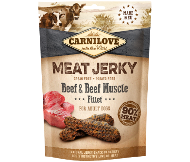 Framsidan av förpackningen för Carnilove Dog Meat Jerky Beef & Beef Muscle Fillet - 100 gram.