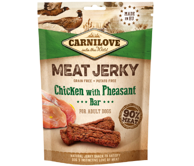 Framsidan av förpackningen för Carnilove Dog Meat Jerky Chicken with Pheasant Bar - 100 gram.