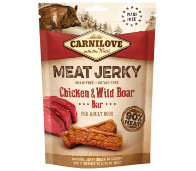 Framsidan av förpackningen för Carnilove Dog Meat Jerky Chicken & Wild Boar Bar - 100 gram.